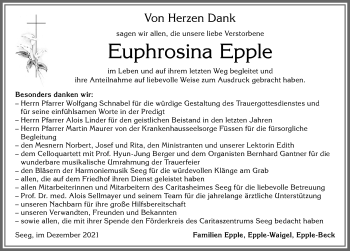 Traueranzeige von Euphrosina Epple von Allgäuer Zeitung, Füssen