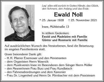 Traueranzeige von Ewald Noll von Allgäuer Zeitung, Kaufbeuren/Buchloe