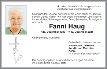 Traueranzeige von Fanni Haug von Memminger Zeitung