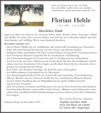 Traueranzeige von Florian Hehle von Der Westallgäuer