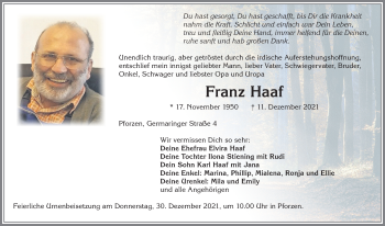 Traueranzeige von Franz Haaf von Allgäuer Zeitung, Kaufbeuren/Buchloe