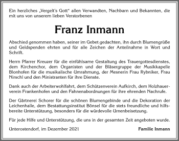Traueranzeige von Franz Inmann von Allgäuer Zeitung, Kaufbeuren/Buchloe