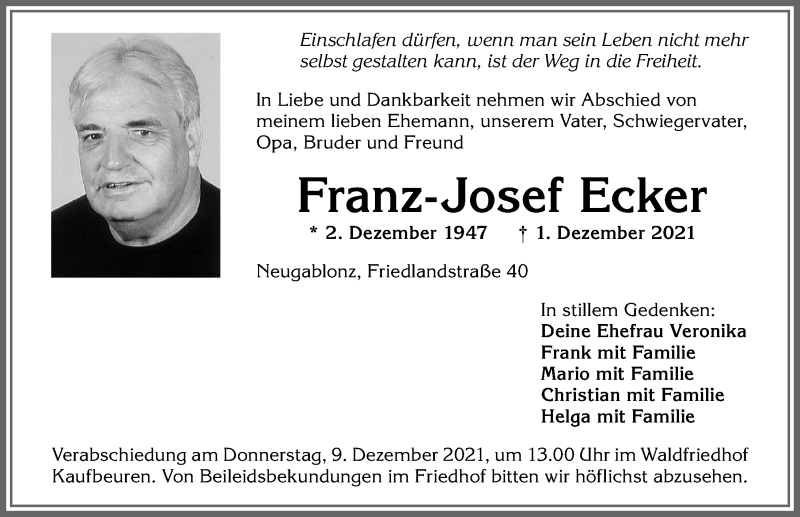  Traueranzeige für Franz-Josef Ecker vom 06.12.2021 aus Allgäuer Zeitung, Kaufbeuren/Buchloe