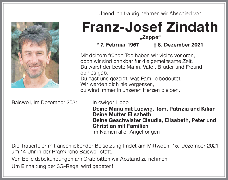  Traueranzeige für Franz-Josef Zindath vom 11.12.2021 aus Allgäuer Zeitung, Kaufbeuren/Buchloe