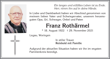 Traueranzeige von Franz Rothärmel von Memminger Zeitung