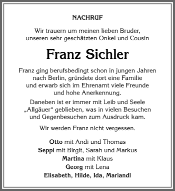 Traueranzeige von Franz Sichler von Allgäuer Anzeigeblatt