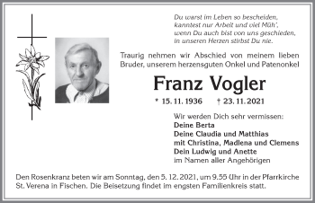 Traueranzeige von Franz Vogler von Allgäuer Anzeigeblatt