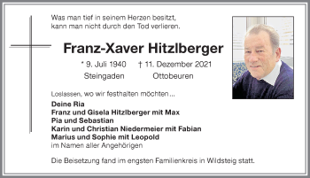 Traueranzeige von Franz-Xaver Hitzlberger von Memminger Zeitung