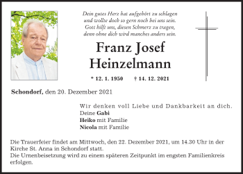 Traueranzeige von Franz Josef Heinzelmann von Allgäuer Zeitung, Kaufbeuren/Buchloe
