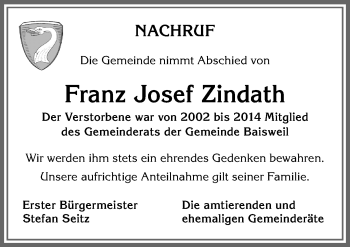 Traueranzeige von Franz Josef Zindath von Allgäuer Zeitung, Kaufbeuren/Buchloe