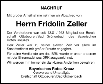 Traueranzeige von Fridolin Zeller von Memminger Zeitung