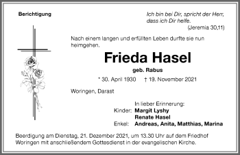 Traueranzeige von Frieda Hasel von Memminger Zeitung