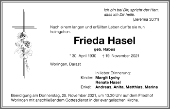 Traueranzeige von Frieda Hasel von Memminger Zeitung