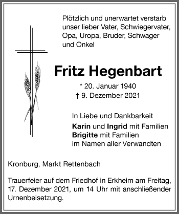 Traueranzeige von Fritz Hegenbart von Memminger Zeitung