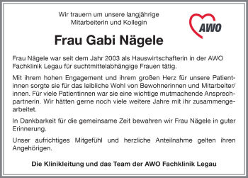 Traueranzeige von Gabi Nägele von Memminger Zeitung