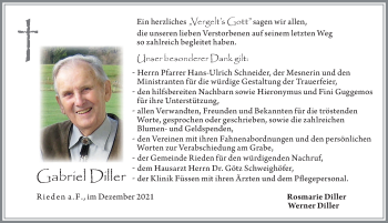 Traueranzeige von Gabriel Diller von Allgäuer Zeitung, Füssen