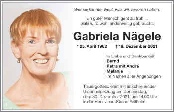 Traueranzeige von Gabriela Nägele von Memminger Zeitung