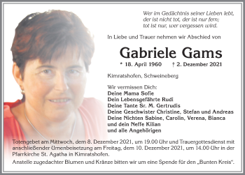 Traueranzeige von Gabriele Gams von Allgäuer Zeitung,Kempten