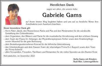 Traueranzeige von Gabriele Gams von Allgäuer Zeitung,Kempten