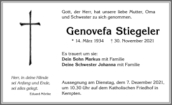 Traueranzeige von Genovefa Stiegeler von Allgäuer Zeitung,Kempten