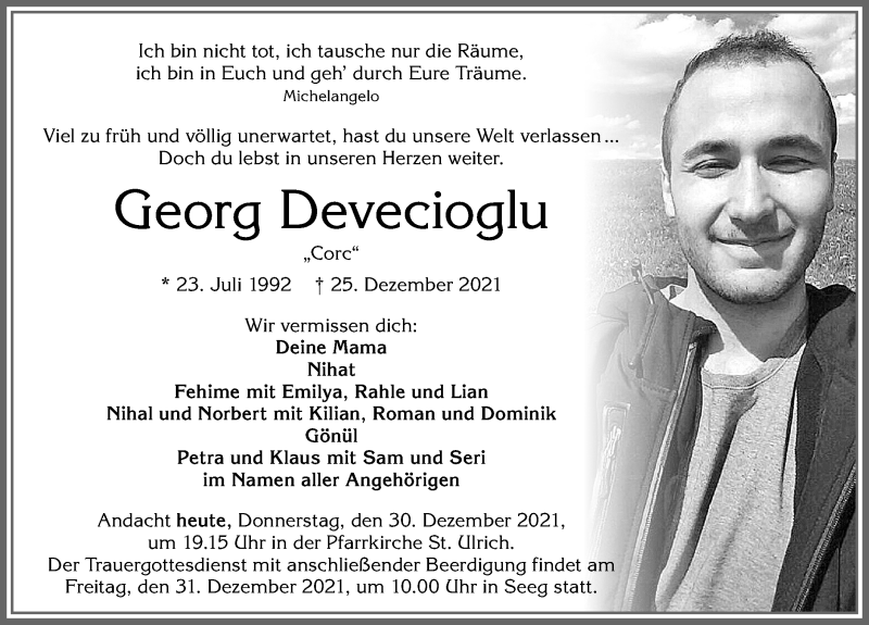  Traueranzeige für Georg Devecioglu vom 30.12.2021 aus Allgäuer Zeitung, Füssen