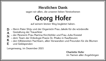 Traueranzeige von Georg Hofer von Allgäuer Zeitung, Marktoberdorf