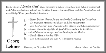 Traueranzeige von Georg Lehner von Allgäuer Zeitung, Kaufbeuren/Buchloe