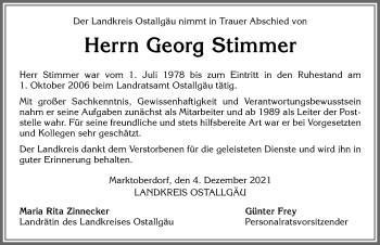 Traueranzeige von Georg Stimmer von Allgäuer Zeitung, Kaufbeuren/Buchloe