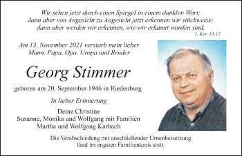 Traueranzeige von Georg Stimmer von Allgäuer Zeitung, Marktoberdorf