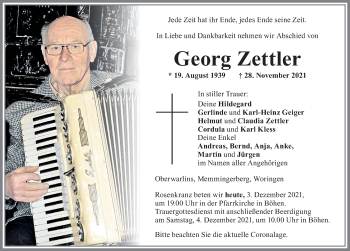 Traueranzeige von Georg Zettler von Memminger Zeitung