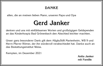 Traueranzeige von Gerd Janker von Allgäuer Zeitung,Kempten