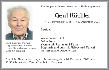 Traueranzeige von Gerd Küchler von Allgäuer Zeitung,Kempten