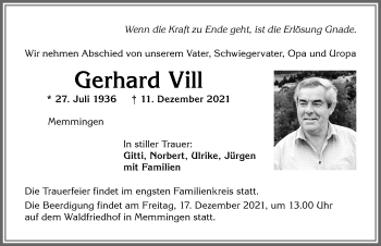 Traueranzeige von Gerhard Vill von Memminger Zeitung