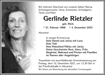 Traueranzeige von Gerlinde Rietzler von Allgäuer Zeitung,Kempten