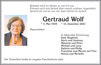 Traueranzeige von Gertraud Wolf von Allgäuer Zeitung, Kaufbeuren/Buchloe