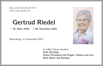 Traueranzeige von Gertrud Riedel von Allgäuer Anzeigeblatt