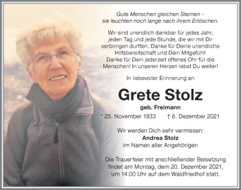 Traueranzeige von Grete Stolz von Memminger Zeitung