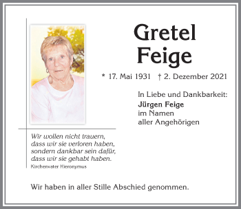 Traueranzeige von Gretel Feige von Allgäuer Zeitung,Kempten