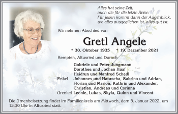 Traueranzeige von Gretl Angele von Allgäuer Zeitung,Kempten