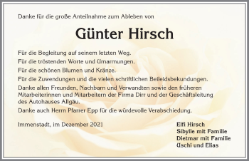 Traueranzeige von Günter Hirsch von Allgäuer Anzeigeblatt