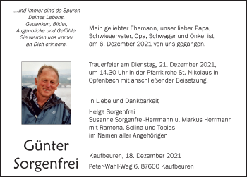 Traueranzeige von Günter Sorgenfrei von Allgäuer Zeitung, Kaufbeuren/Buchloe