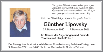 Traueranzeige von Günther Lipovsky von Allgäuer Zeitung, Füssen