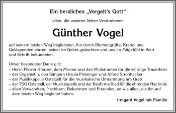 Traueranzeige von Günther Vogel von Allgäuer Zeitung, Kaufbeuren/Buchloe
