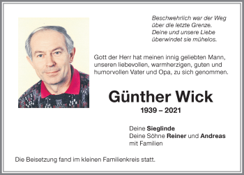 Traueranzeige von Günther Wick von Memminger Zeitung