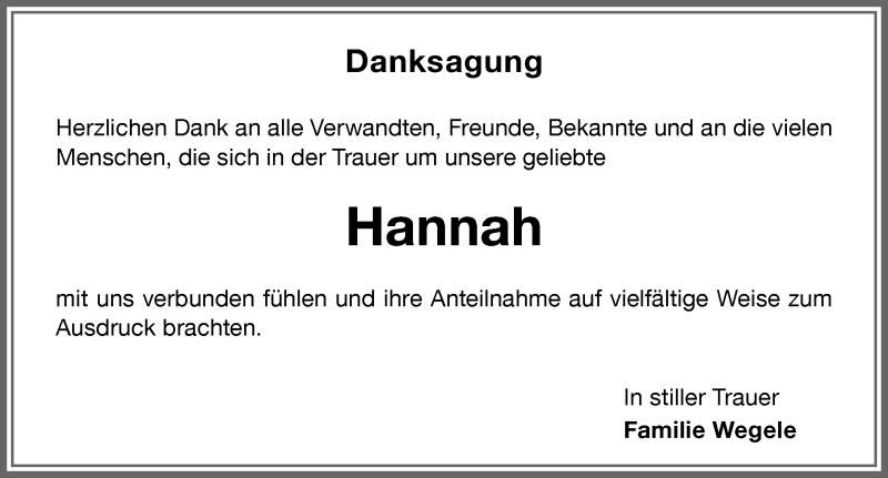  Traueranzeige für Hannah Wegele vom 04.12.2021 aus Memminger Zeitung