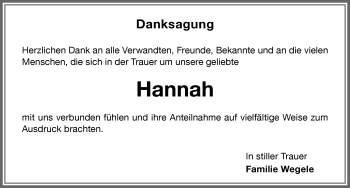 Traueranzeige von Hannah Wegele von Memminger Zeitung