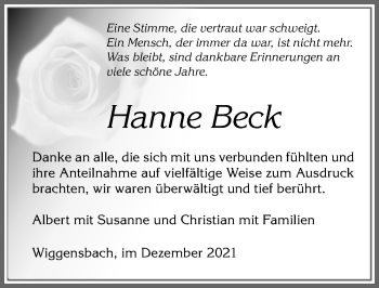 Traueranzeige von Hanne Beck von Allgäuer Zeitung,Kempten