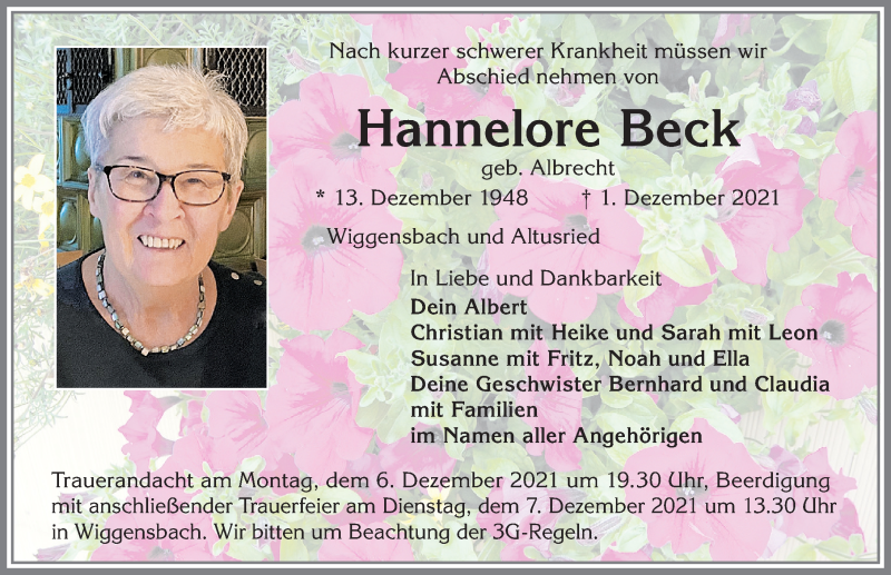  Traueranzeige für Hannelore Beck vom 04.12.2021 aus Allgäuer Zeitung,Kempten