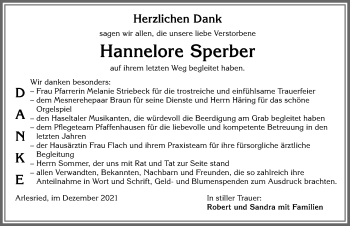Traueranzeige von Hannelore Sperber von Memminger Zeitung
