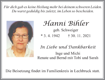 Traueranzeige von Hanni Bihler von Allgäuer Zeitung, Füssen
